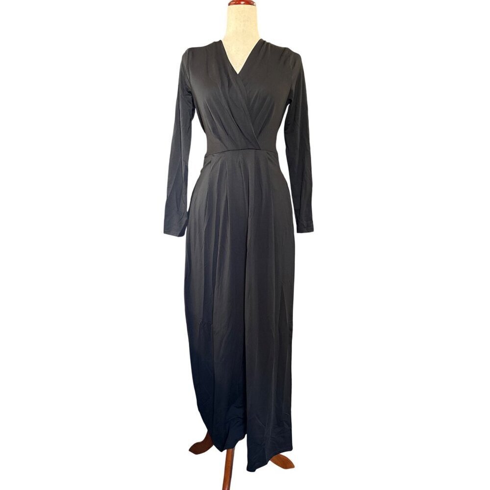 Halara V Neck Long Sleeve Pocket Wide Leg Jumpsuit~Size Small~Black NWT L5 19